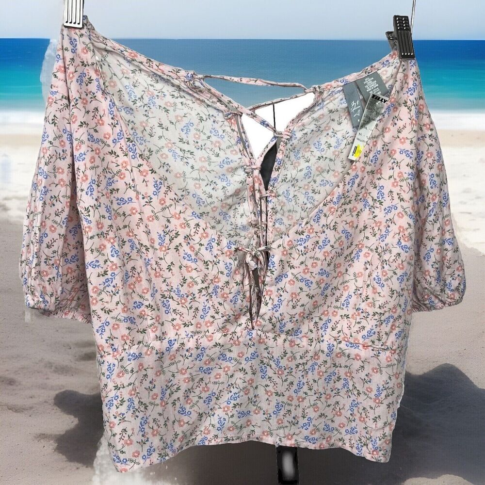 Sky and Sparrow Tillys Top Crop Puff Sleeves Lace Up Back Pink‎ Floral Medium